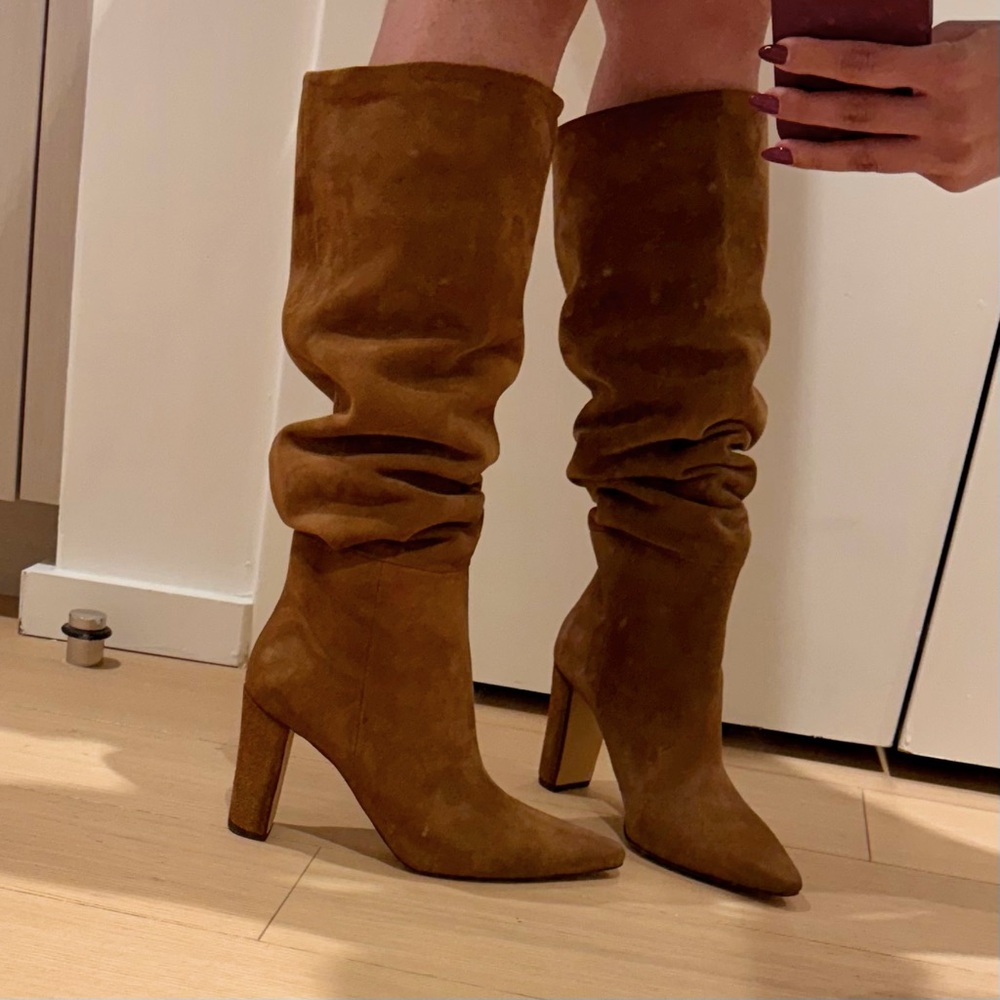 Italian Cognac Brown Suede Slouch Knee Boots Size 39